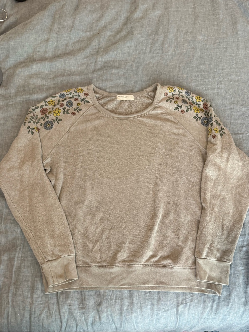 Nordstrom Beige Crewneck Sweater with Floral Shoulder Embroidery